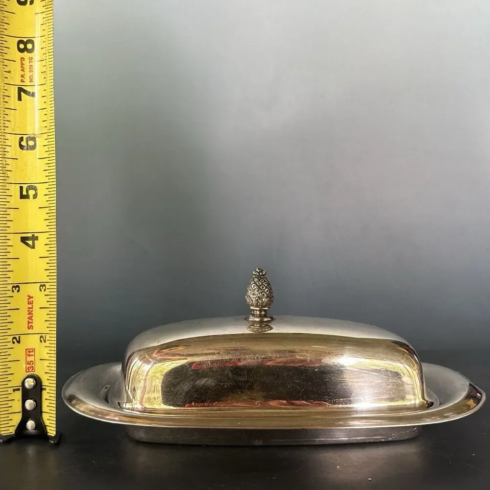 Vintage Silverplate, Butter Dish Elegant Patterned Pineapple Top, Glass insert
